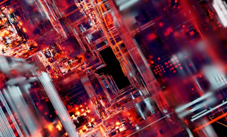 Circuitos digitais futuristas com efeitos luminosos, representando tecnologia e infraestrutura de inteligência artificial.