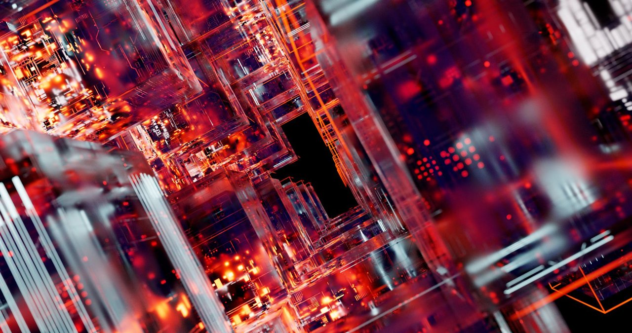 Circuitos digitais futuristas com efeitos luminosos, representando tecnologia e infraestrutura de inteligência artificial.